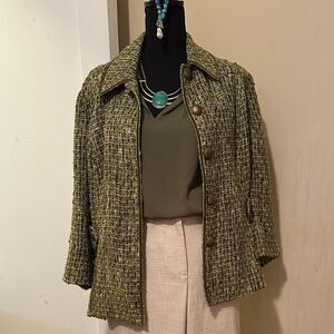 TravelSmith Elegant Green Tweed Jacket with Velvet Trim | Lined | Size 14 | EUC